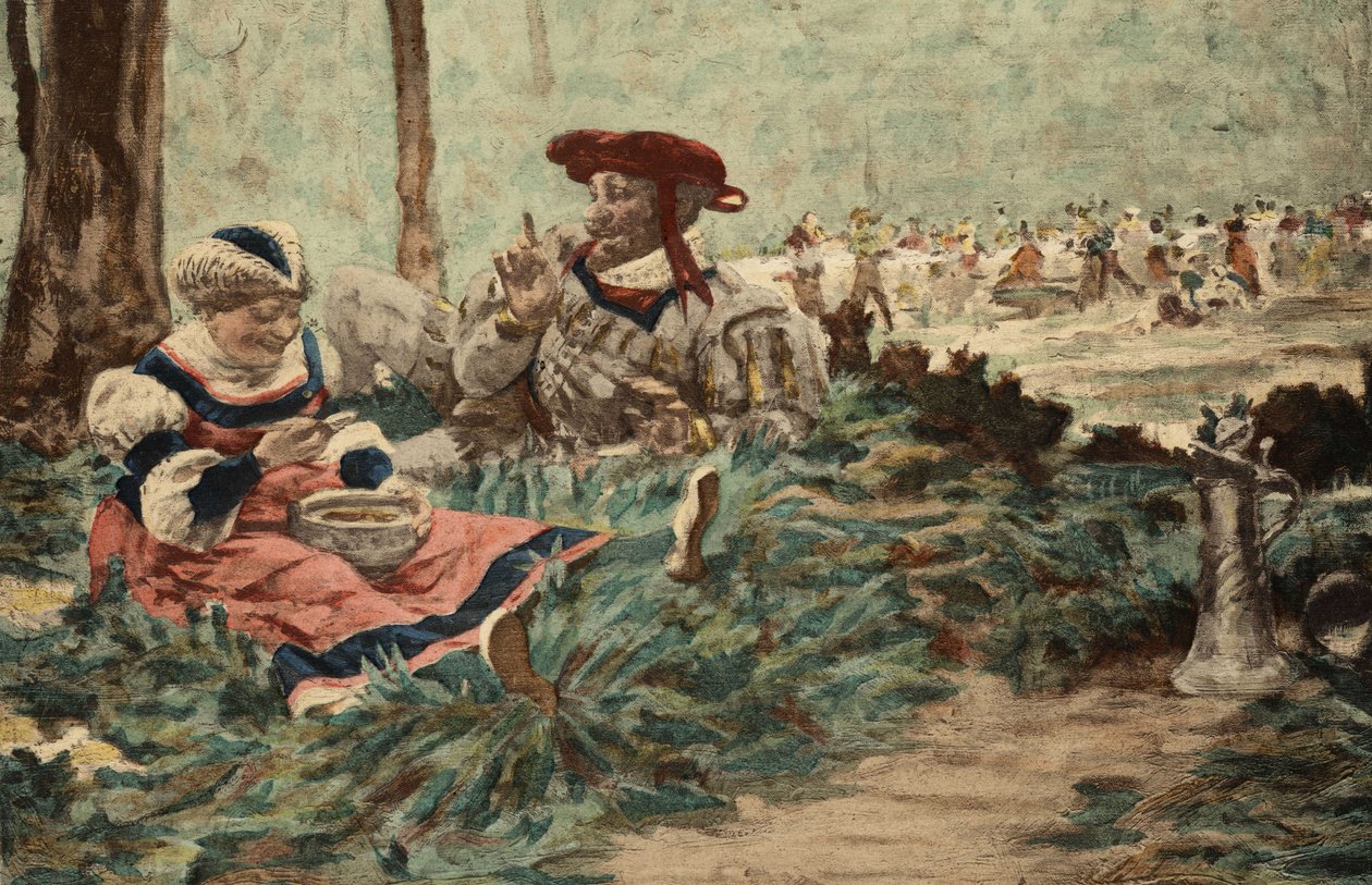 Gargantua的父亲Grandbuckthorn和Gargantua的孕妇Gargamelle正在吃内脏。卡冈图亚》，儒勒-加尼埃插图。见《拉伯雷与儒勒-加尼埃的作品》（Rabelais et l