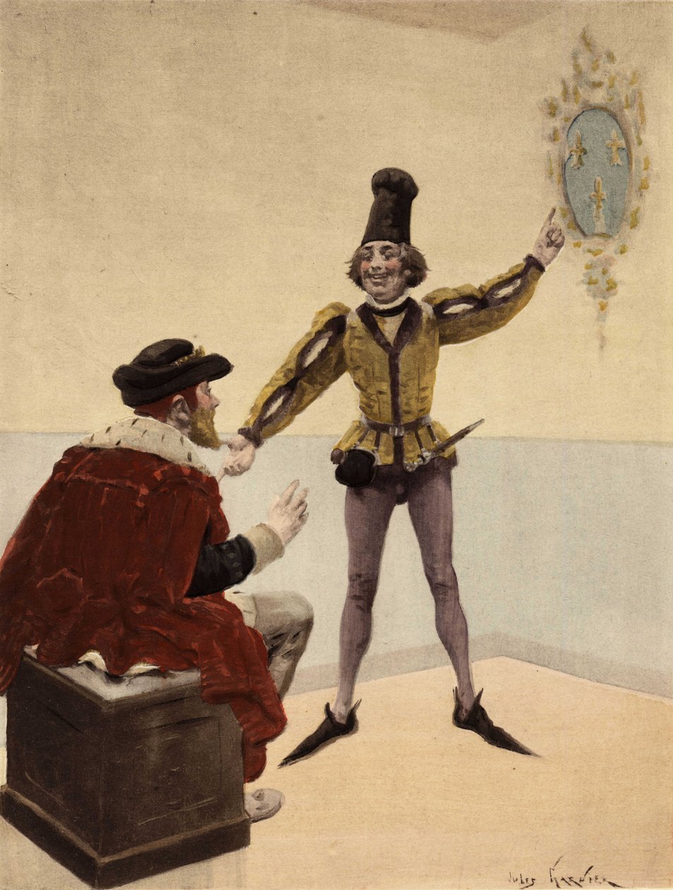 英国国王爱德华五世（Edouart (Edward) V）在如厕时看着医生给他看的法国国徽。潘塔格鲁尔。朱尔斯-加尼埃的插图。见《拉伯雷与儒勒-加尼埃的作品》（Rabelais et l