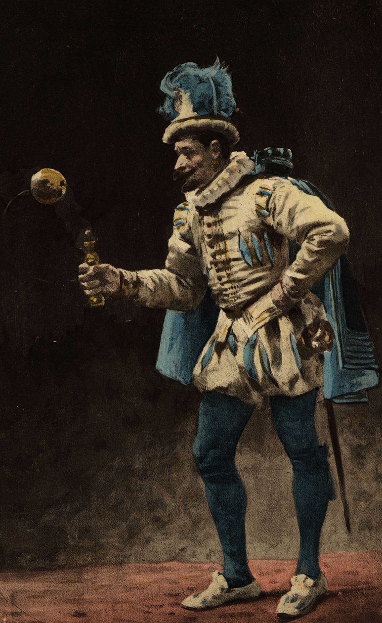 玩球的男子（在 bilboquet 中）。朱尔斯-加尼埃的插图。载于 "拉伯雷与儒勒-加尼埃作品集"。 作者 朱尔斯·阿森·加尼尔