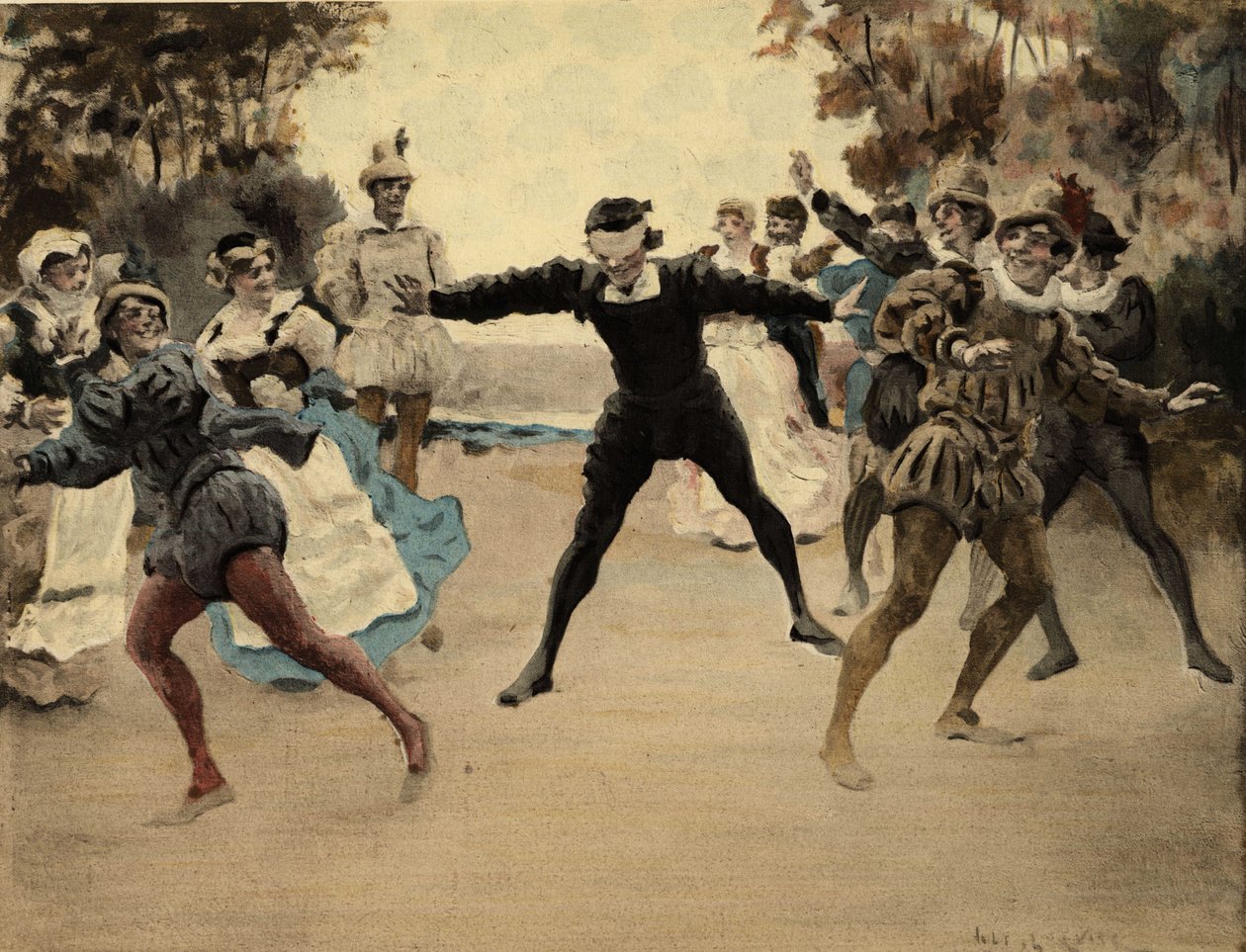 男人和女人在玩 Colin Maillard。朱尔斯-加尼埃的插图。载于 "拉伯雷与儒勒-加尼埃作品集"。 作者 朱尔斯·阿森·加尼尔