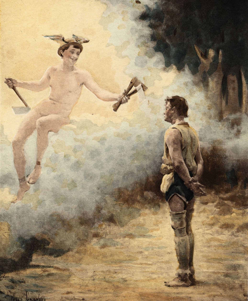 Mercure（赫耳墨斯）将三把斧子交给希农附近格拉沃村的樵夫 Couillatris。潘塔格鲁尔。朱尔斯-加尼埃绘制的插图。见《拉伯雷与儒勒-加尼埃的作品》（Rabelais et l