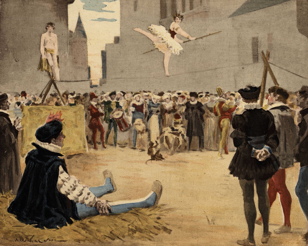 在 Gargantua（坐着，左）的注视下，音乐家和滑稽演员在街上表演。加尔涅插图。载于 "拉伯雷与儒勒-加尼埃作品集"。 作者 朱尔斯·阿森·加尼尔