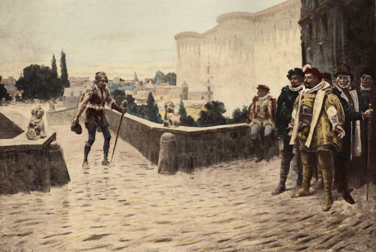 Panurge 穿过巴黎的夏朗顿桥，与 Pantagruel 相遇。Pantagrue l. 朱尔斯-加尼埃插图。载于 "拉伯雷与儒勒-加尼埃作品集"。 作者 朱尔斯·阿森·加尼尔