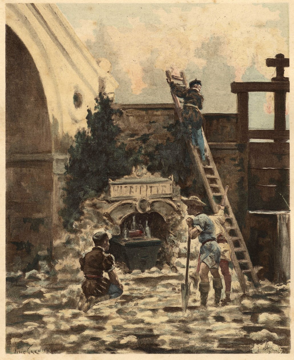 农民让-奥多发现了一本讲述卡冈图亚故事的小册子。朱尔斯-加尼埃的插图。在 "拉伯雷与儒勒-加尼埃的作品 "中 作者 朱尔斯·阿森·加尼尔