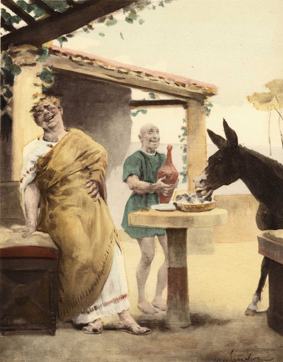 菲洛米尼斯看到西科法格斯的驴子在吃无花果，而侍从在往酒桶里倒酒，笑得前仰后合。潘塔格鲁尔。朱尔斯-加尼埃的插图。载于 "拉伯雷与儒勒-加尼埃作品集"。 作者 朱尔斯·阿森·加尼尔