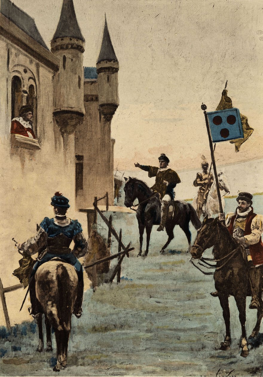 乌尔里希-加莱（Ulrich Gallet）受格兰古西尔（Grandgousier）--加尔干图瓦的父亲--之托，请求与勒内国王皮克乔尔（Picrochole）交谈。朱尔斯-加尼耶插图。见《拉伯雷与儒勒-加尼埃的作品》（Rabelais et l