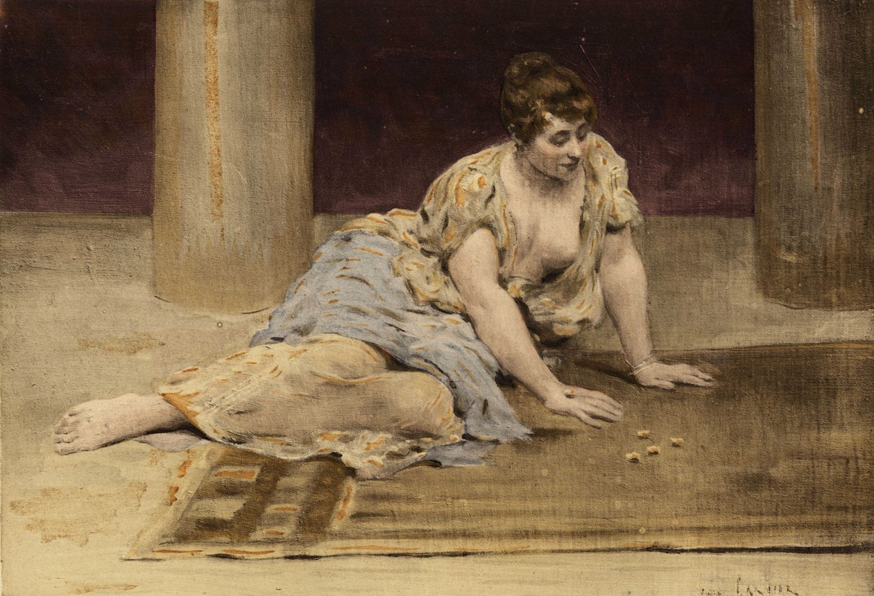 正在玩游戏的女人（桌子）。加尔涅插图。载于 "拉伯雷与儒勒-加尼埃作品集"。 作者 朱尔斯·阿森·加尼尔