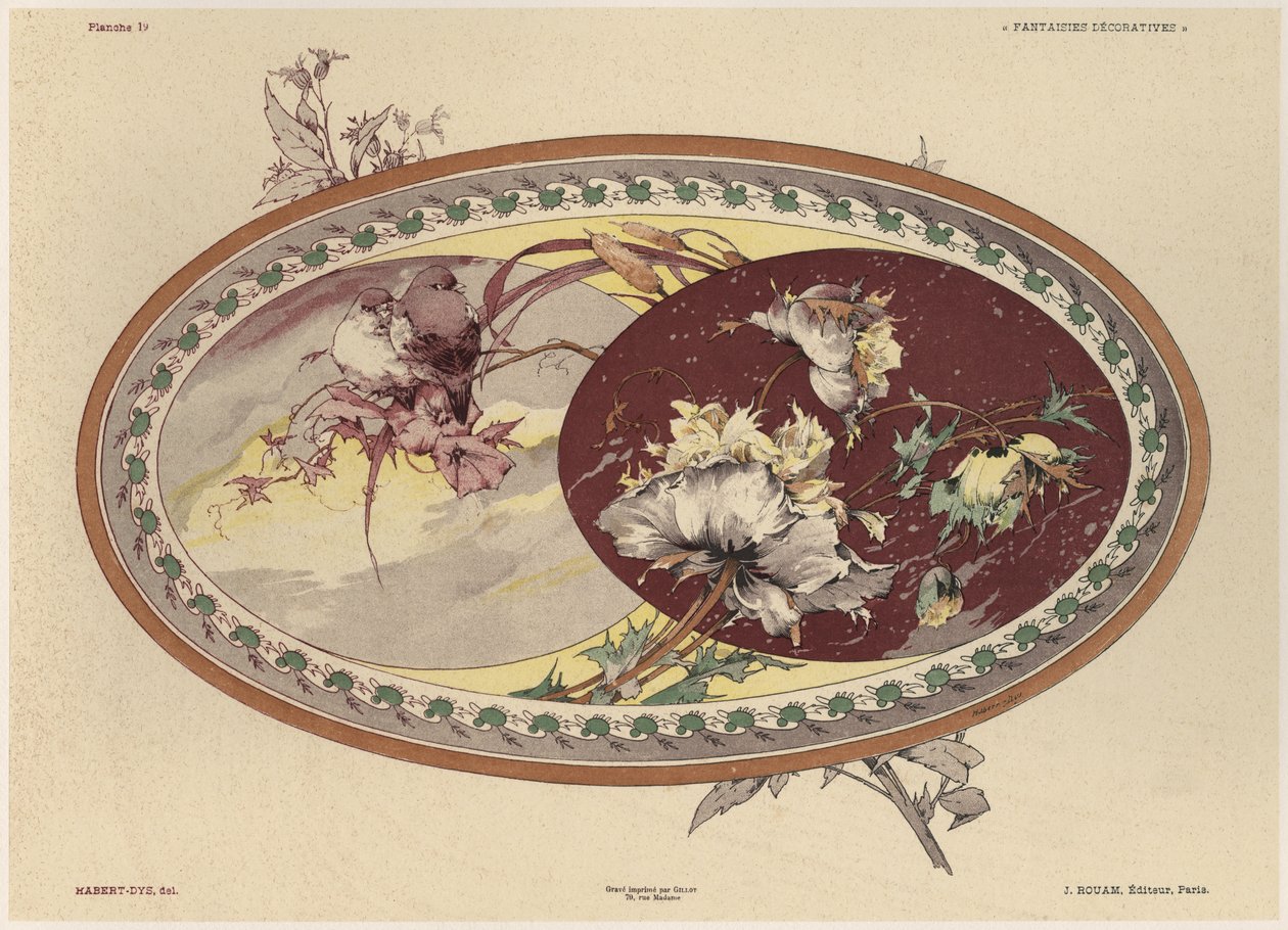 鸟类和鲜花，由Fillisies装饰品制成的板19，由Gillot雕刻，由Jules Rouam出版，巴黎Librairie de l&39;Art，1887年（彩色雕刻） 作者 朱尔斯·奥古斯特·哈伯特·戴斯