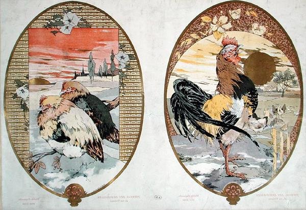 公鸡和小鸡，屏幕设计，约1900年（彩色平版印刷）。 作者 朱尔斯·奥古斯特·哈伯特·戴斯
