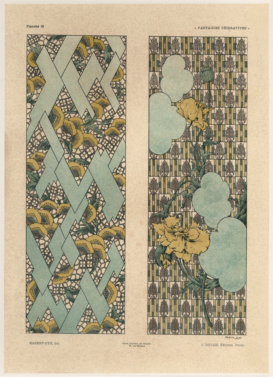 花卉图案，来自&39;装饰幻想&39;的48块，由Gillot雕刻，由Jules Rouam出版，Librairie de l&39;Art，巴黎，1887年（彩色雕刻） 作者 朱尔斯·奥古斯特·哈伯特·戴斯