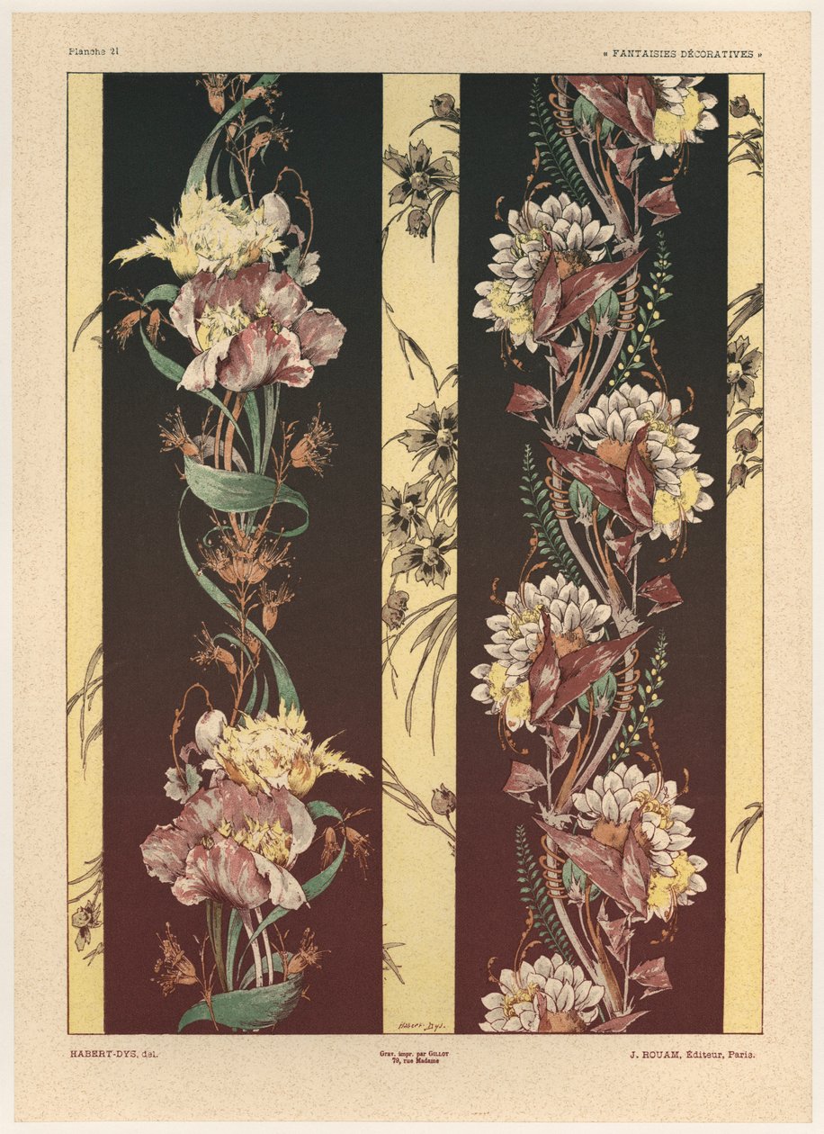 鲜花，来自&39;装饰幻想&39;的板21，由Gillot雕刻，由Jules Rouam出版，巴黎艺术书店，1887年（彩色版画） 作者 朱尔斯·奥古斯特·哈伯特·戴斯
