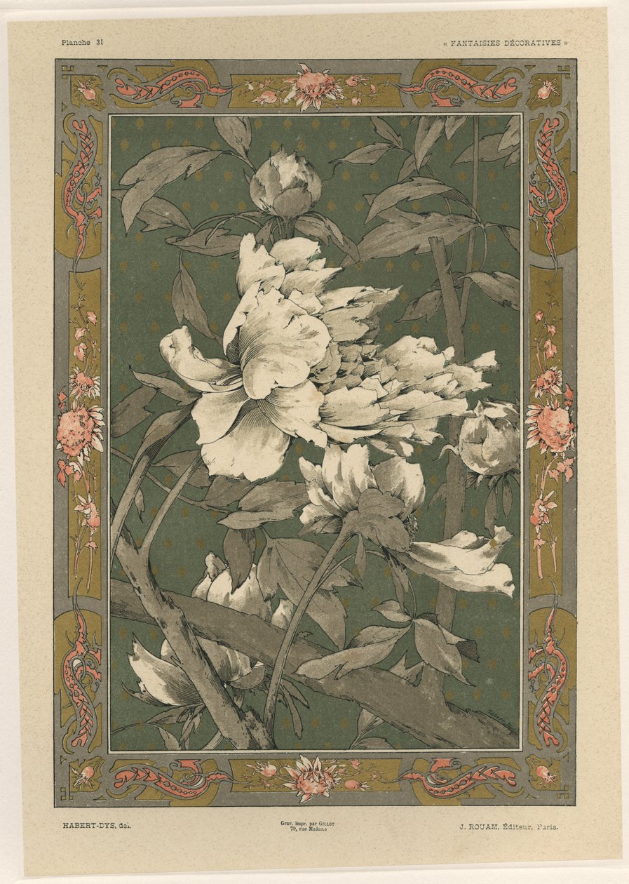 花卉，来自&39;装饰幻想&39;的板31，由Gillot雕刻，由Jules Rouam，巴黎艺术书店出版，1887年（彩色雕刻） 作者 朱尔斯·奥古斯特·哈伯特·戴斯