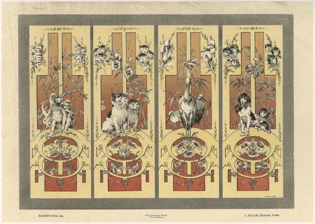 猴子，猫，苍鹭和狗，来自&39;Fantaisies装饰品&39;的板3，由Gillot雕刻，由Jules Rouam出版，Librairie de l&39;Art，巴黎，1887年（彩色雕刻） 作者 朱尔斯·奥古斯特·哈伯特·戴斯