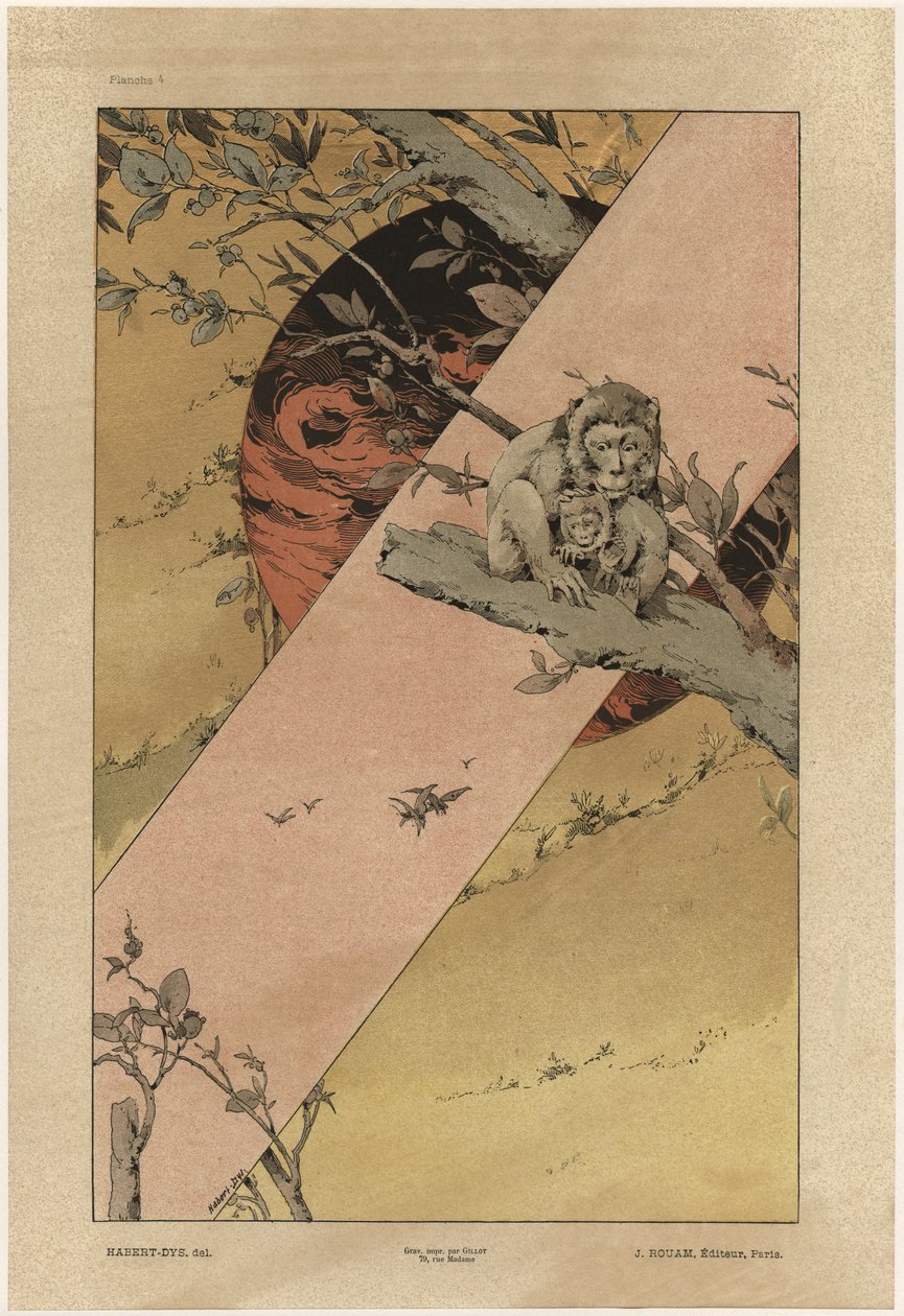 猴子，来自&39;装饰幻想&39;的4号板，由Gillot雕刻，由Jules Rouam，巴黎艺术书店出版，1887年（彩色雕刻） 作者 朱尔斯·奥古斯特·哈伯特·戴斯