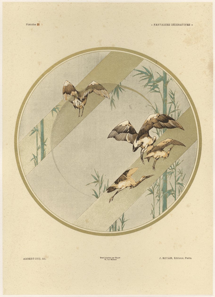 Storks，来自&39;Fantaisies装饰品&39;的10号板，由Gillot雕刻，由Jules Rouam出版，Librairie de l&39;Art，巴黎，1887年（彩色雕刻） 作者 朱尔斯·奥古斯特·哈伯特·戴斯