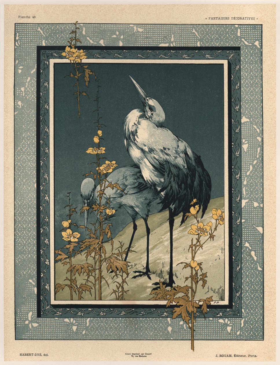 Storks，来自&39;Fantaisies装饰品&39;的40块板，由Gillot雕刻，由Jules Rouam出版，Librairie de l&39;Art，巴黎，1887年（彩色雕刻） 作者 朱尔斯·奥古斯特·哈伯特·戴斯