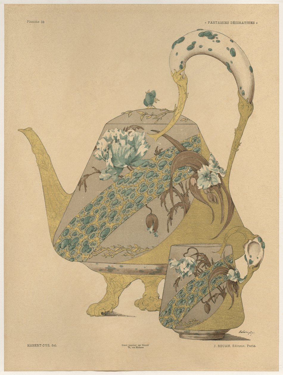 茶壶和杯子，来自&39;Fantaisies装饰品&39;的33号板，由Gillot雕刻，由Jules Rouam出版，巴黎Librairie de l&39;Art，1887年（彩色雕刻） 作者 朱尔斯·奥古斯特·哈伯特·戴斯