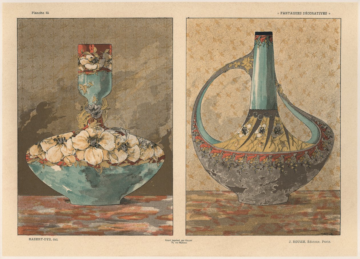 花瓶，来自&39;装饰幻想&39;的45号板，由Gillot雕刻，由Jules Rouam，巴黎艺术书店出版，1887年（彩色版画） 作者 朱尔斯·奥古斯特·哈伯特·戴斯