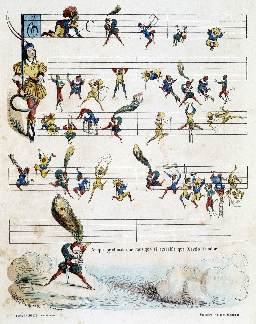 乐谱上的音符，巴里克绘制于 1862 年的图画，为克罗克诺茨基讲述马丁-兰多尔故事的儿童读物绘制插图。 作者 朱尔斯·巴里奇