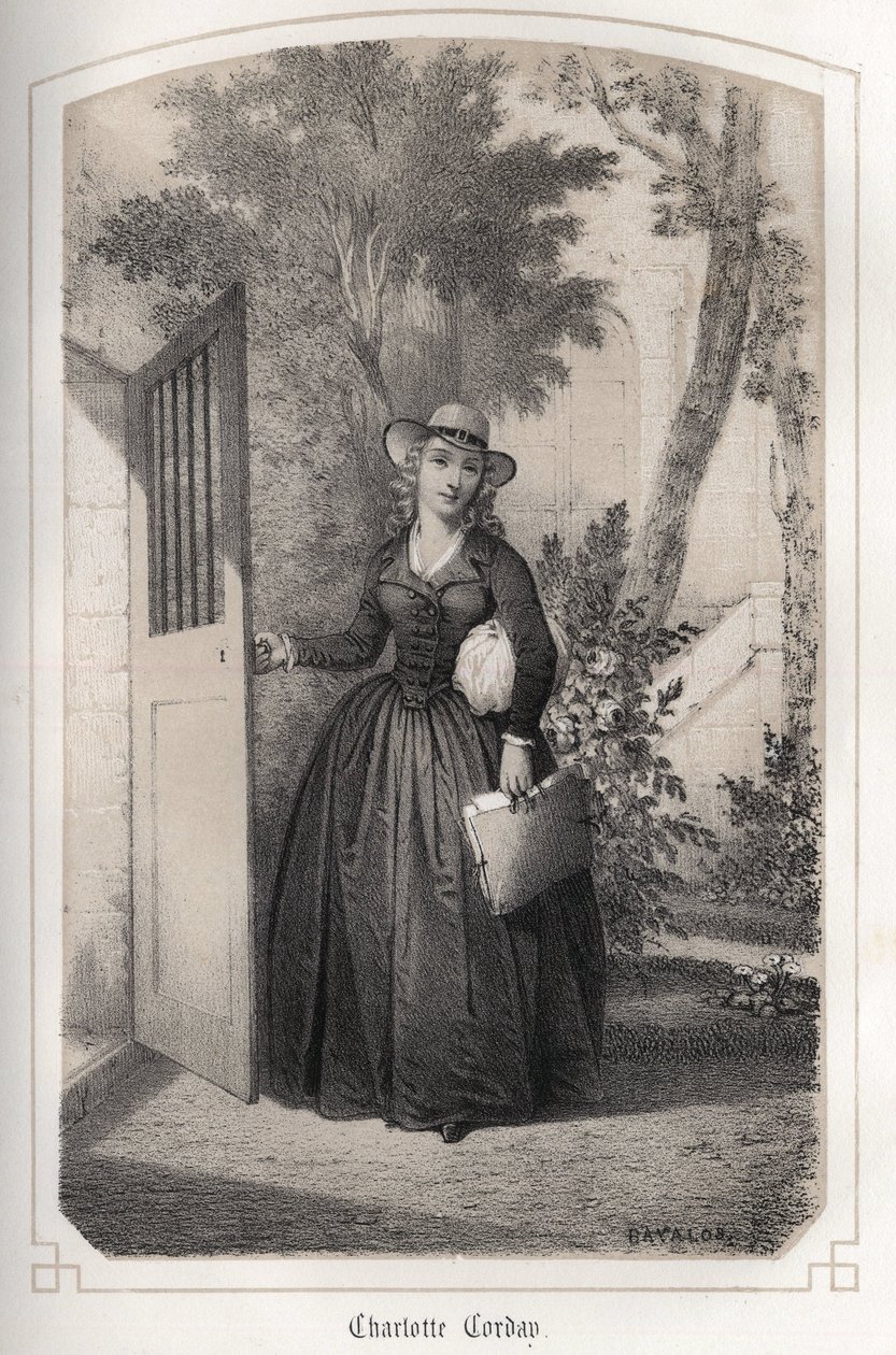 Charlotte Corday（1768 - 1793 年）的肖像，收录在 DROHOJOWSKA 伯爵夫人所著的《Les femmes illustres de la France》一书中。约 1850 年，《朱尔斯和巴亚洛斯夫人的戏剧插图》。 作者 Jules and Bayalos Aime de David