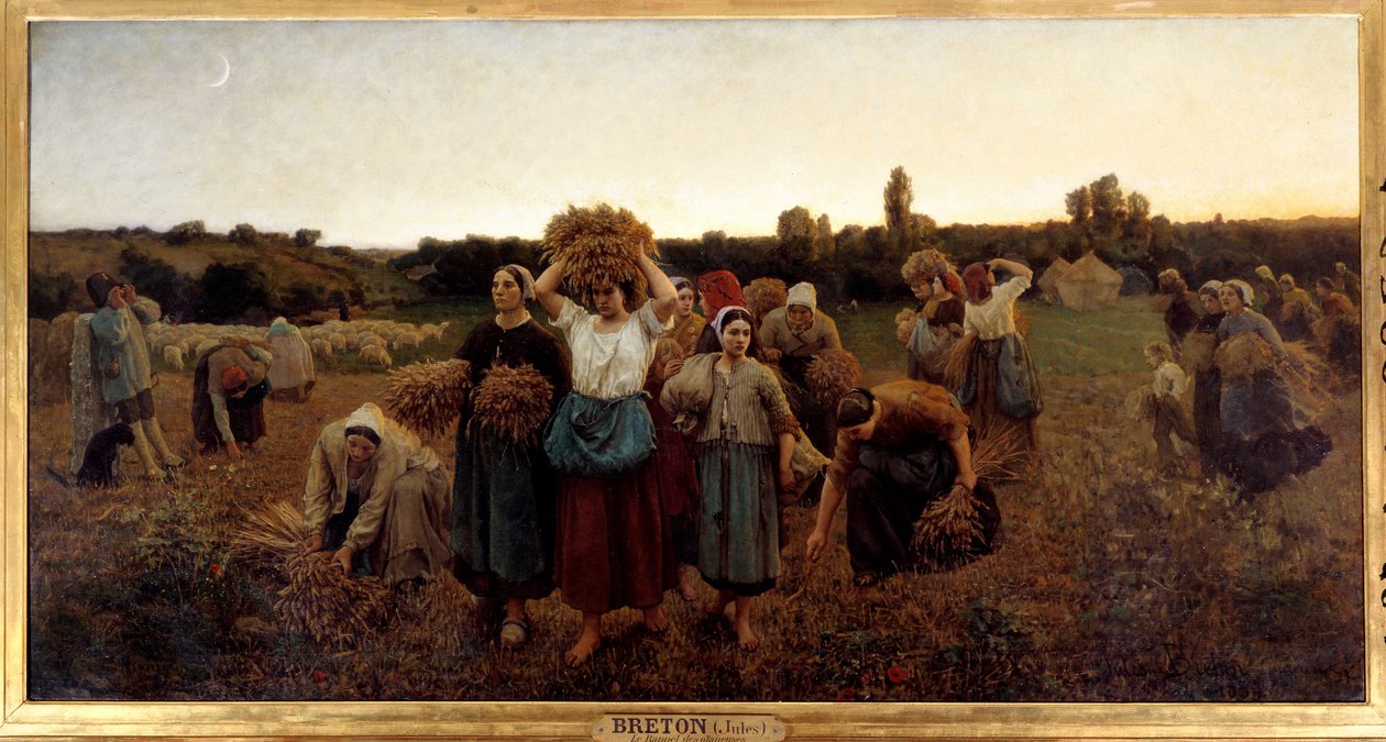 Le rappel des glaneuses 画作 Jules Breton (1827-1906) 1859 年 0,9x1,76 m 巴黎，奥赛博物馆 - 召集拾穗者。 Jules Breton (1827-1906) 的绘画 作者 朱尔斯·布雷顿