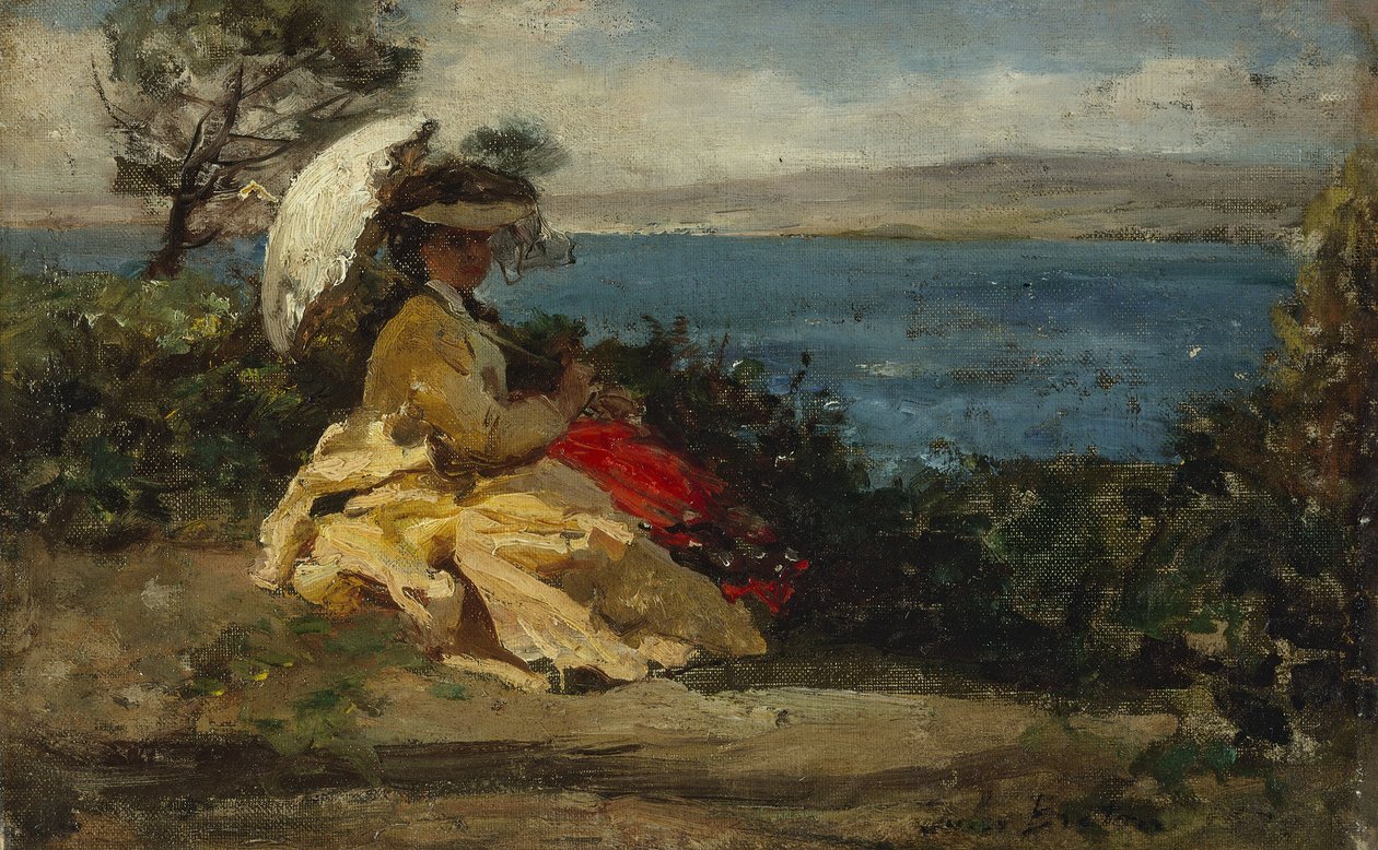 撑阳伞的女人，杜阿内内斯湾，1870-1875 年间（布面油画） 作者 朱尔斯·布雷顿