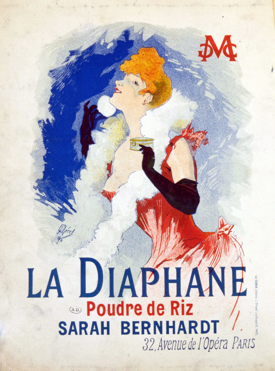 广告“ La Diaphane：米粉”，“ Henriette Rosine Bernard又名Sarah Bernhardt 作者 朱尔斯·切雷特（Jules Cheret）