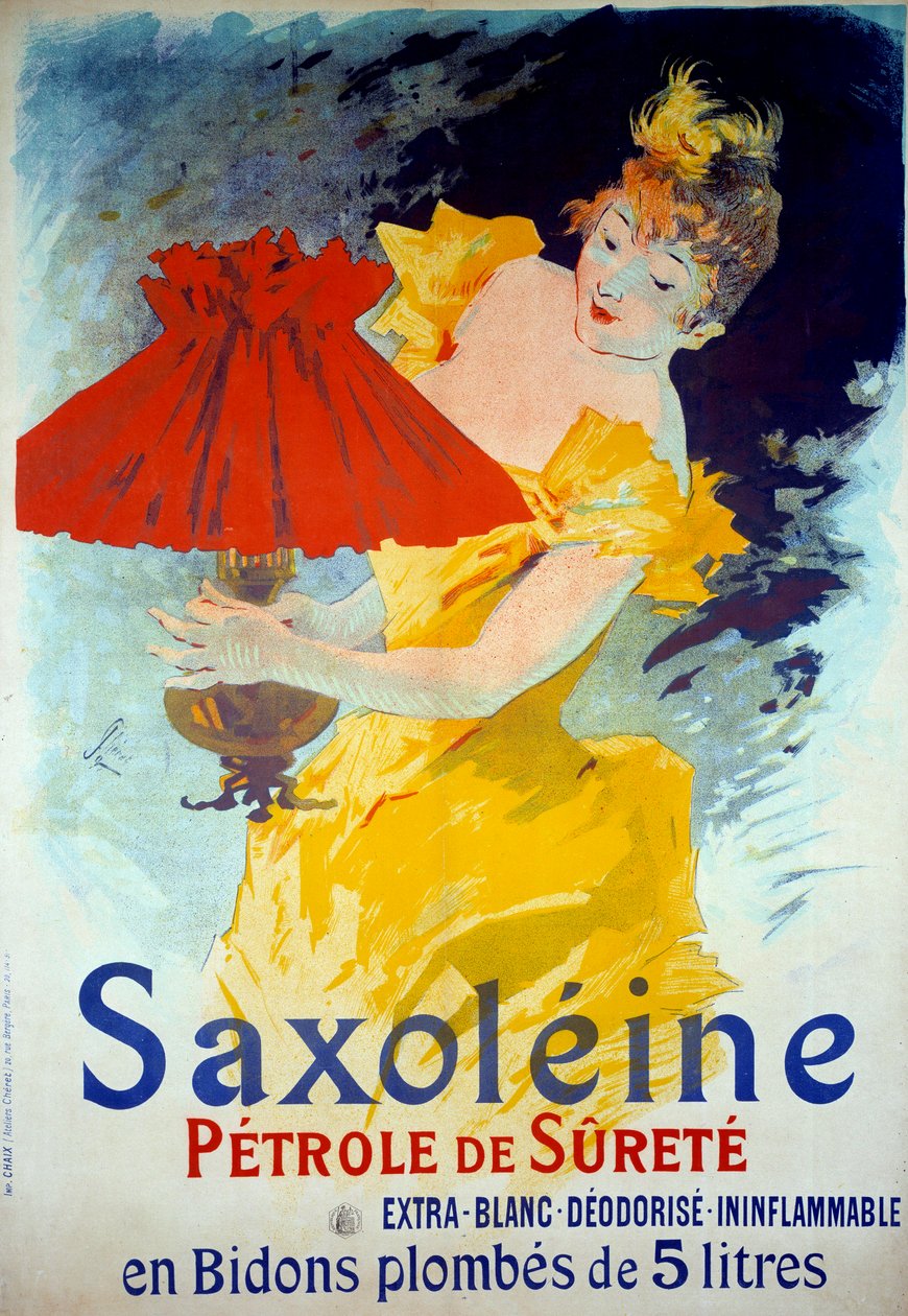 产品 "Saxoleine Petrole de surete "的广告海报。一个女人在灯里放油。Jules Cheret（1836-1932）制作的安全灯油 "Saxoleine "广告海报。 作者 朱尔斯·切雷特（Jules Cheret）