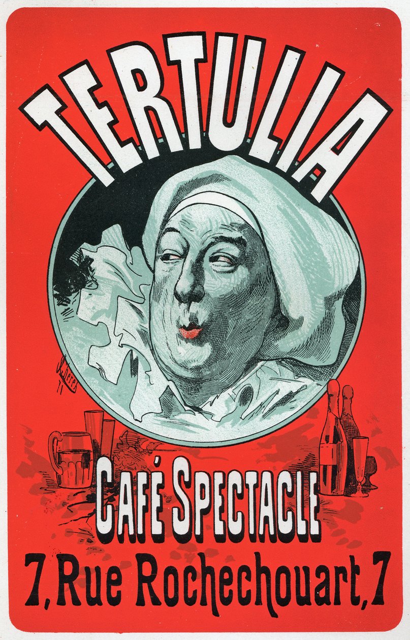艺术。娱乐。Tertulia，在巴黎Spectacle咖啡馆的表演。Jules Cheret的海报，约1870年（海报）。 作者 朱尔斯·切雷特（Jules Cheret）
