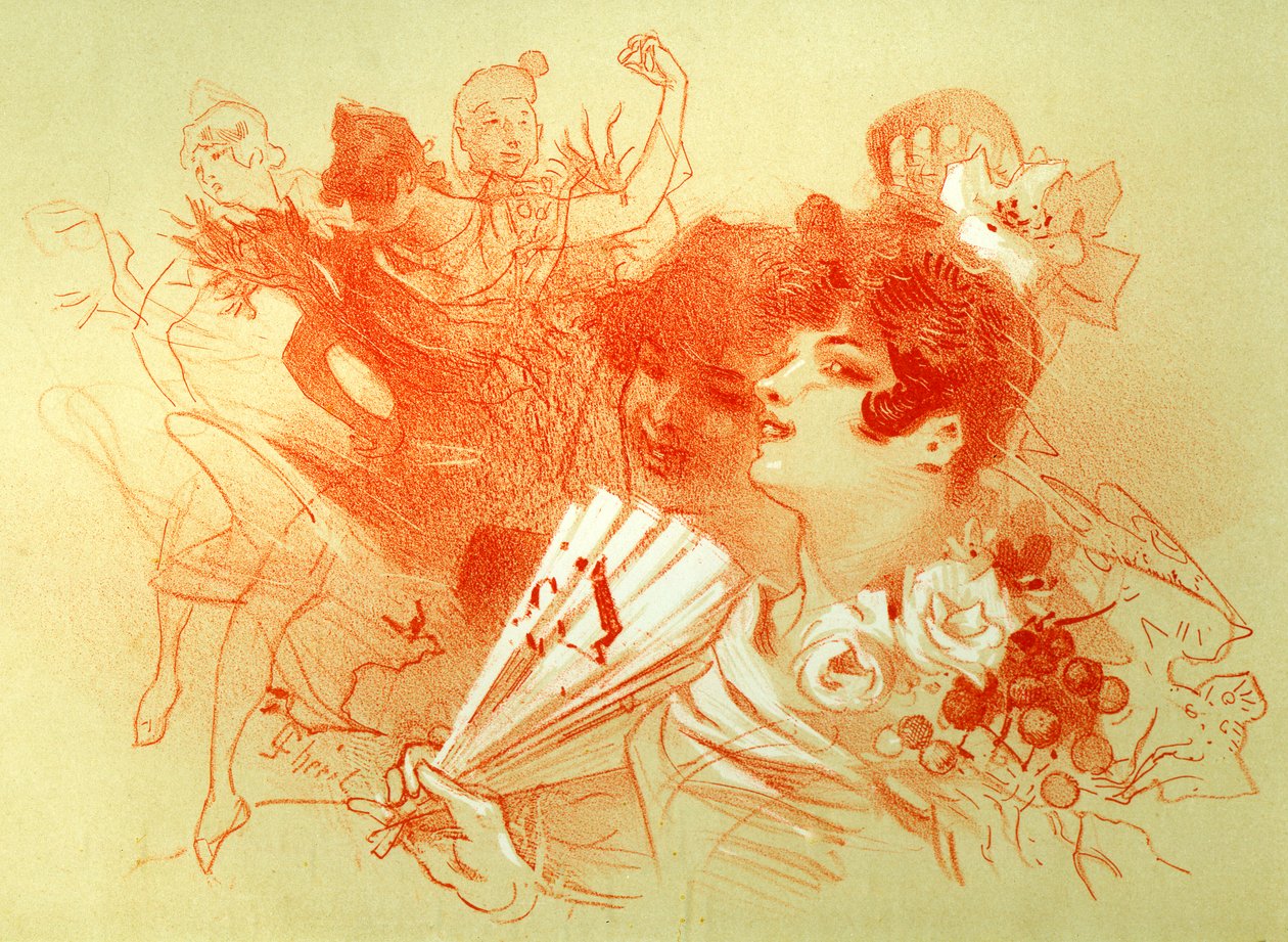At the ball - drawing (sanguine) by Jules Cheret (1836 - 1932) - young women and dancers - dance - private collection - 作者 朱尔斯·切雷特（Jules Cheret）
