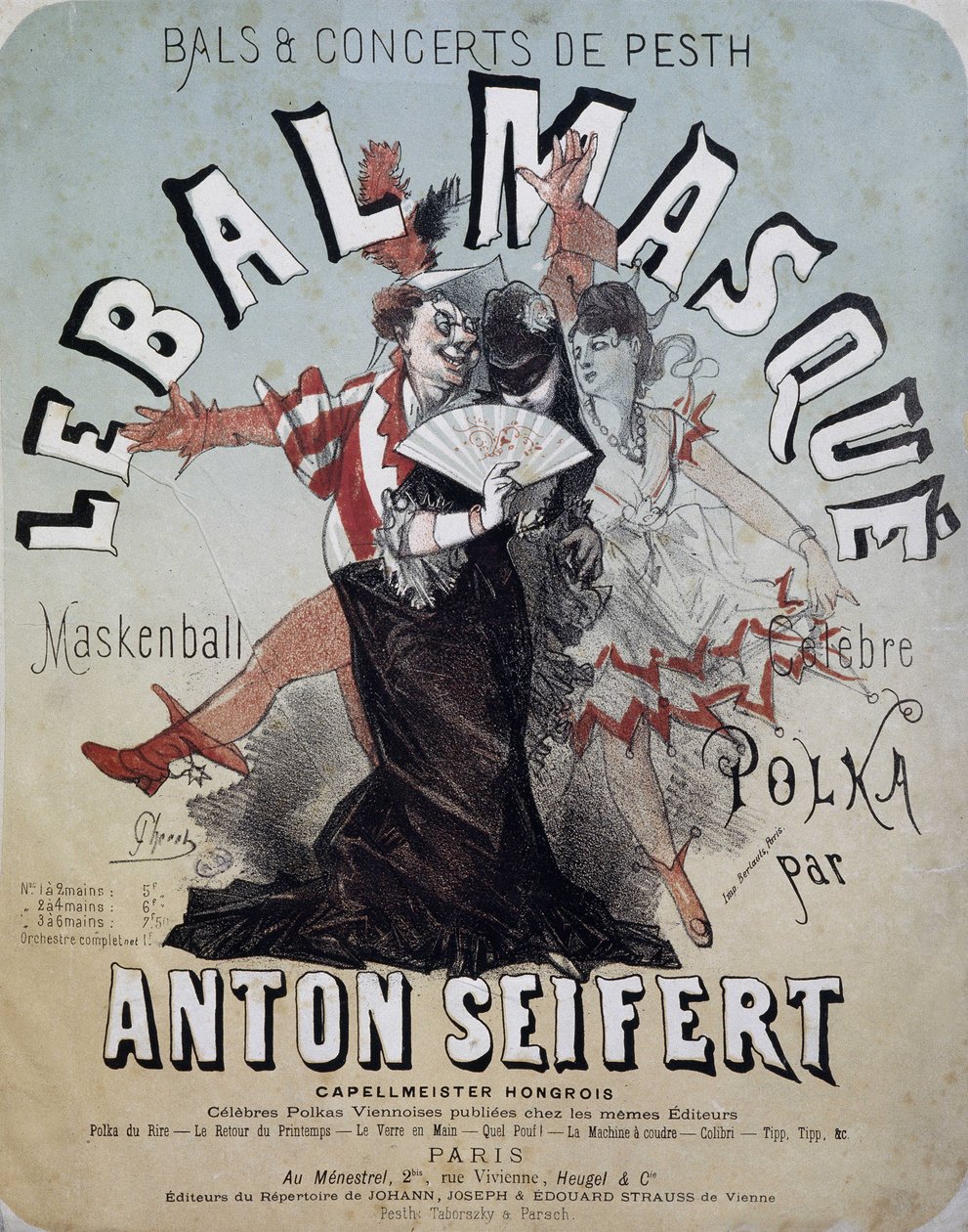 Pesth 的舞会和音乐会：蒙面舞会（Maskenball，Anton Seifert 著名的波尔卡舞曲） - Jules Cheret 的海报，未注明日期 作者 朱尔斯·切雷特（Jules Cheret）