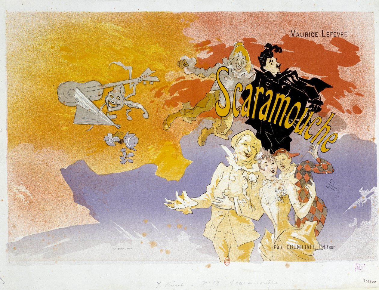 莫里斯-勒费弗尔的《Scaramouche》书籍封面。Jules Cheret (1836-1932)的插图 1891年 巴黎，B.N. 作者 朱尔斯·切雷特（Jules Cheret）