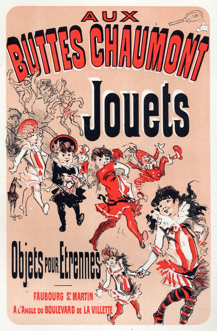 经济。 Aux Buttes Chaumont，巴黎的玩具店。 法国 Jules Cheret 的海报，约 1880 年（海报） 作者 朱尔斯·切雷特（Jules Cheret）