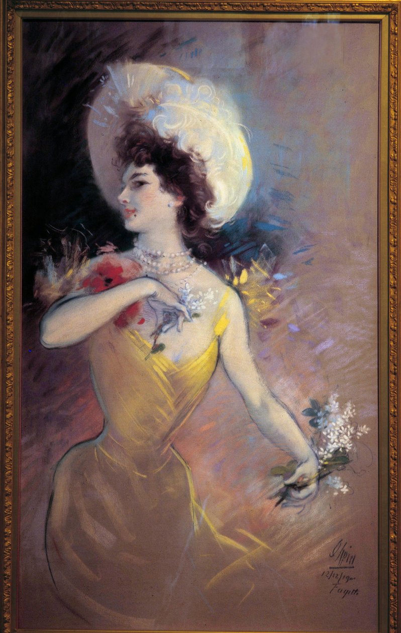 Fagette 戴着帽子和束鲜花的年轻女子。 Jules Cheret (1836-1932) 的画作，1900 年。不错，Musee Cheret 作者 朱尔斯·切雷特（Jules Cheret）