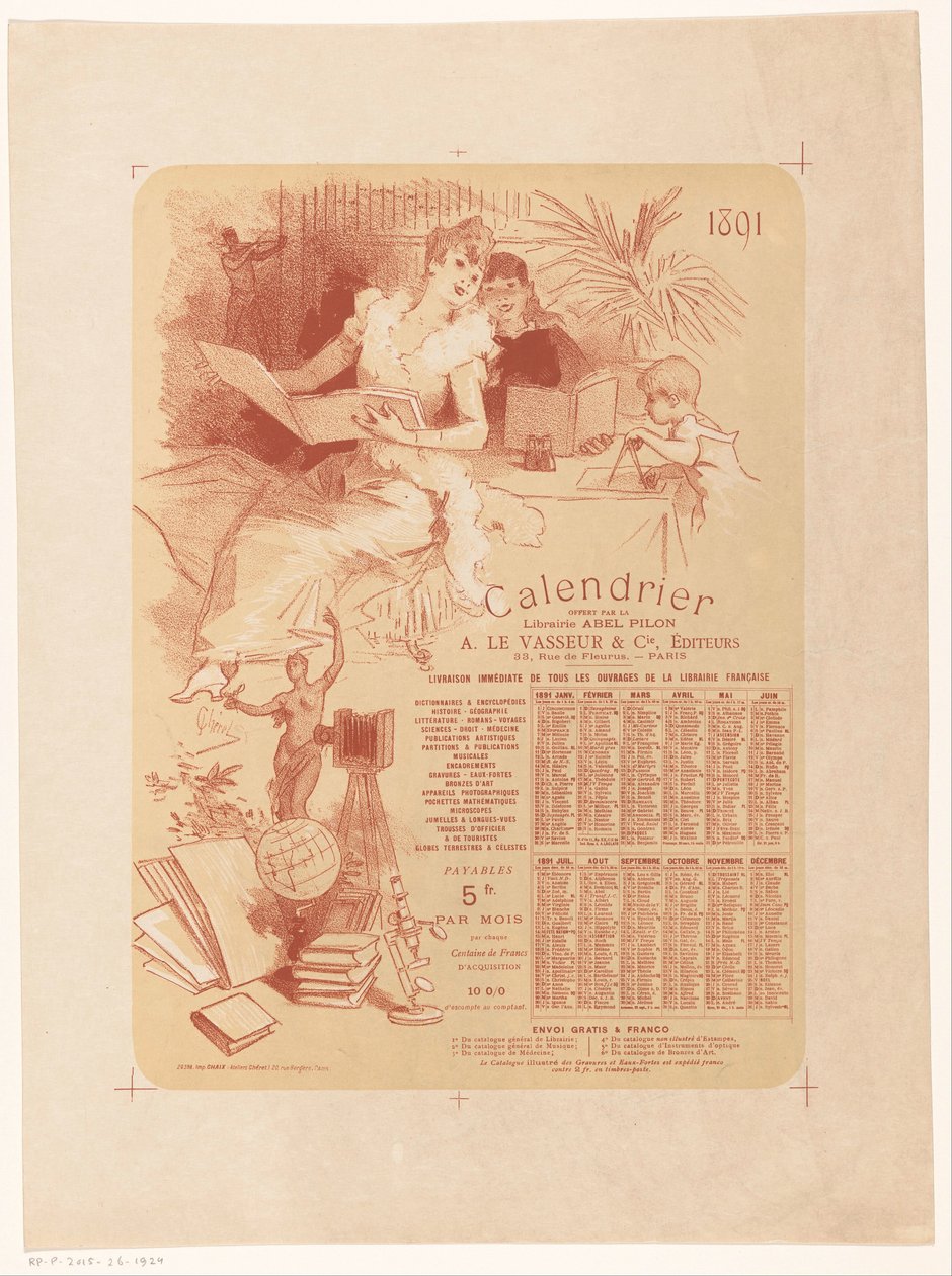 Abel Pilon 书店和出版商 A. Le Vasseur & Cie 1891 年的日历 作者 朱尔斯·切雷特（Jules Cheret）