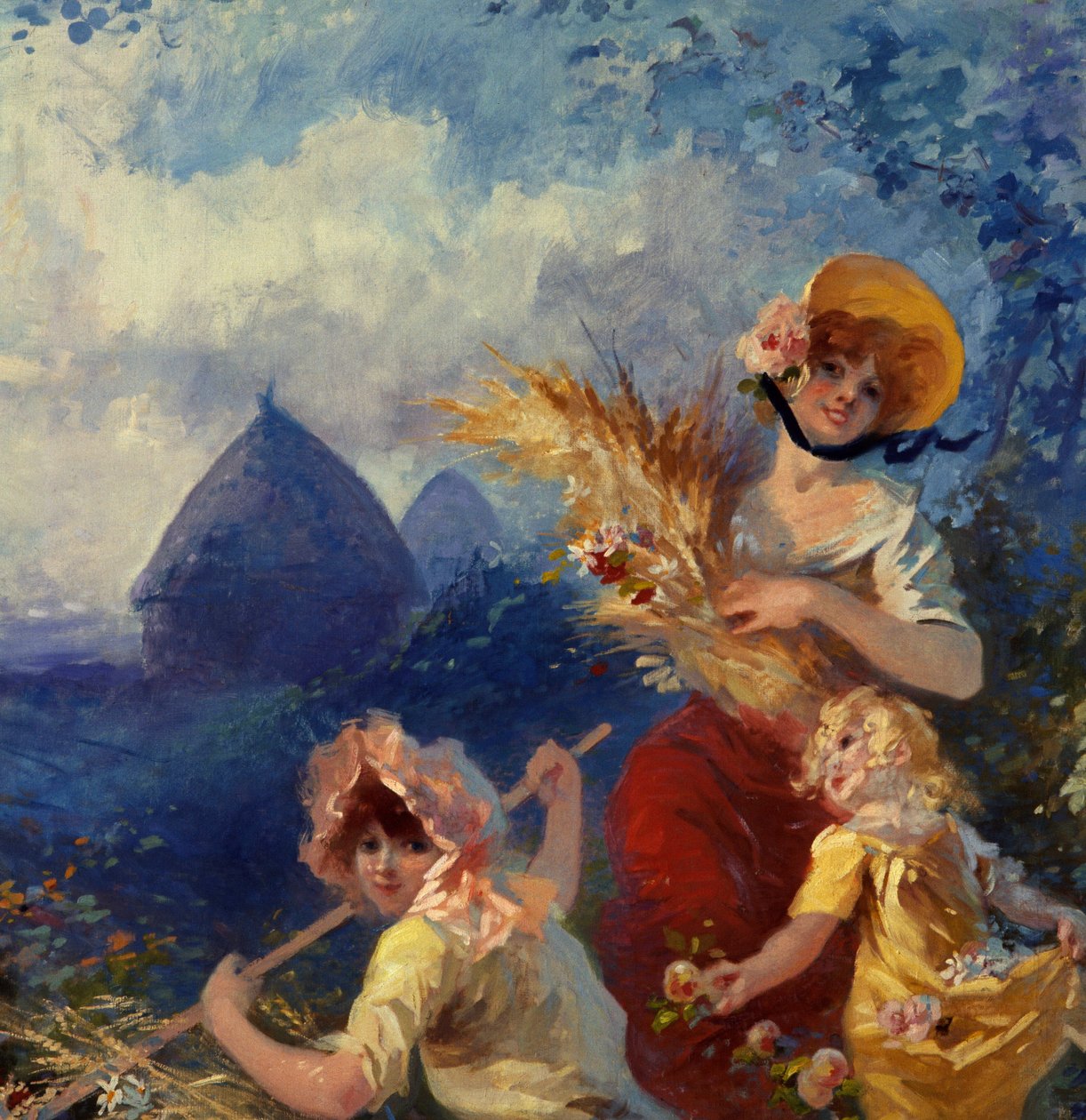La Terre Allegorie，表现年轻妇女在丰收的背景下手持麦靴。细节。朱尔斯-谢雷（1836-1932）的挂毯纸盒 20世纪 尼斯，谢雷博物馆 作者 朱尔斯·切雷特（Jules Cheret）