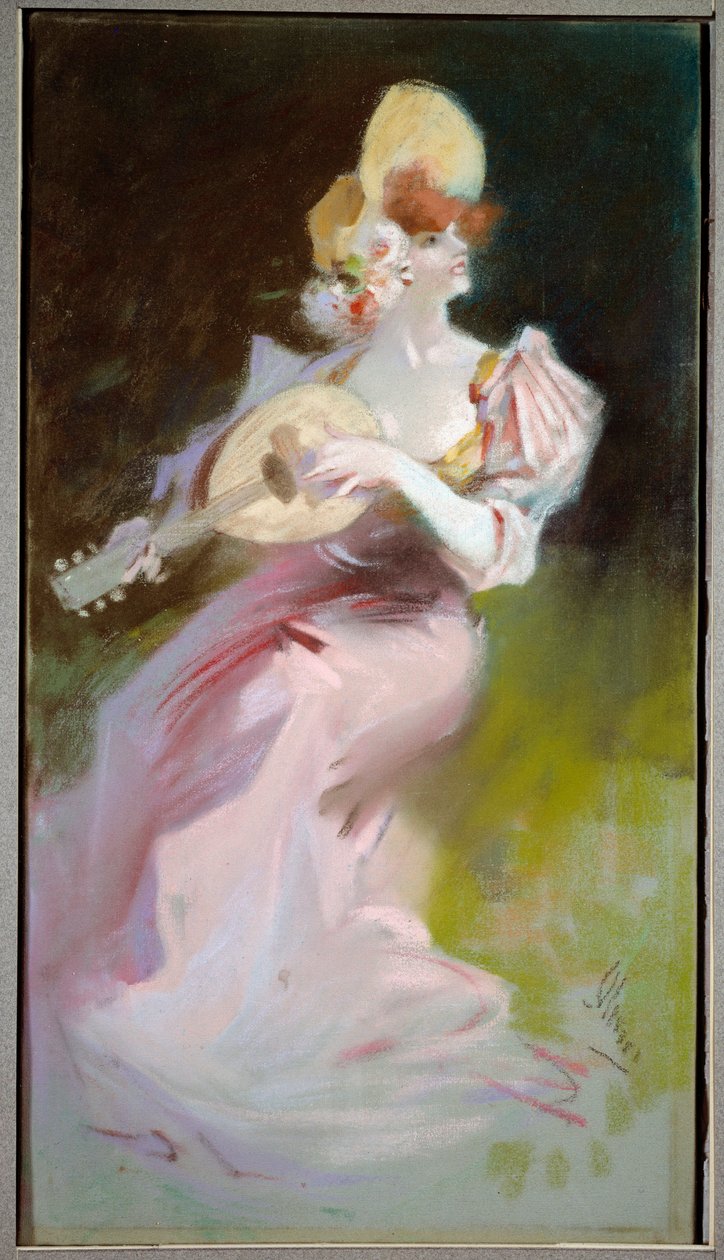 La woman a la mandolin 朱尔斯-谢雷（1836-1932）的画作 20世纪 马恩河畔的沙隆，艺术博物馆。 作者 朱尔斯·切雷特（Jules Cheret）
