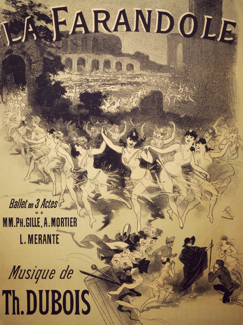 La Farandole 的海报，Gille、Mortier 和 Merante 的芭蕾舞剧，Dubois 的音乐，巴黎国家歌剧院，巴黎，Heugel 出版，巴黎 作者 朱尔斯·切雷特（Jules Cheret）