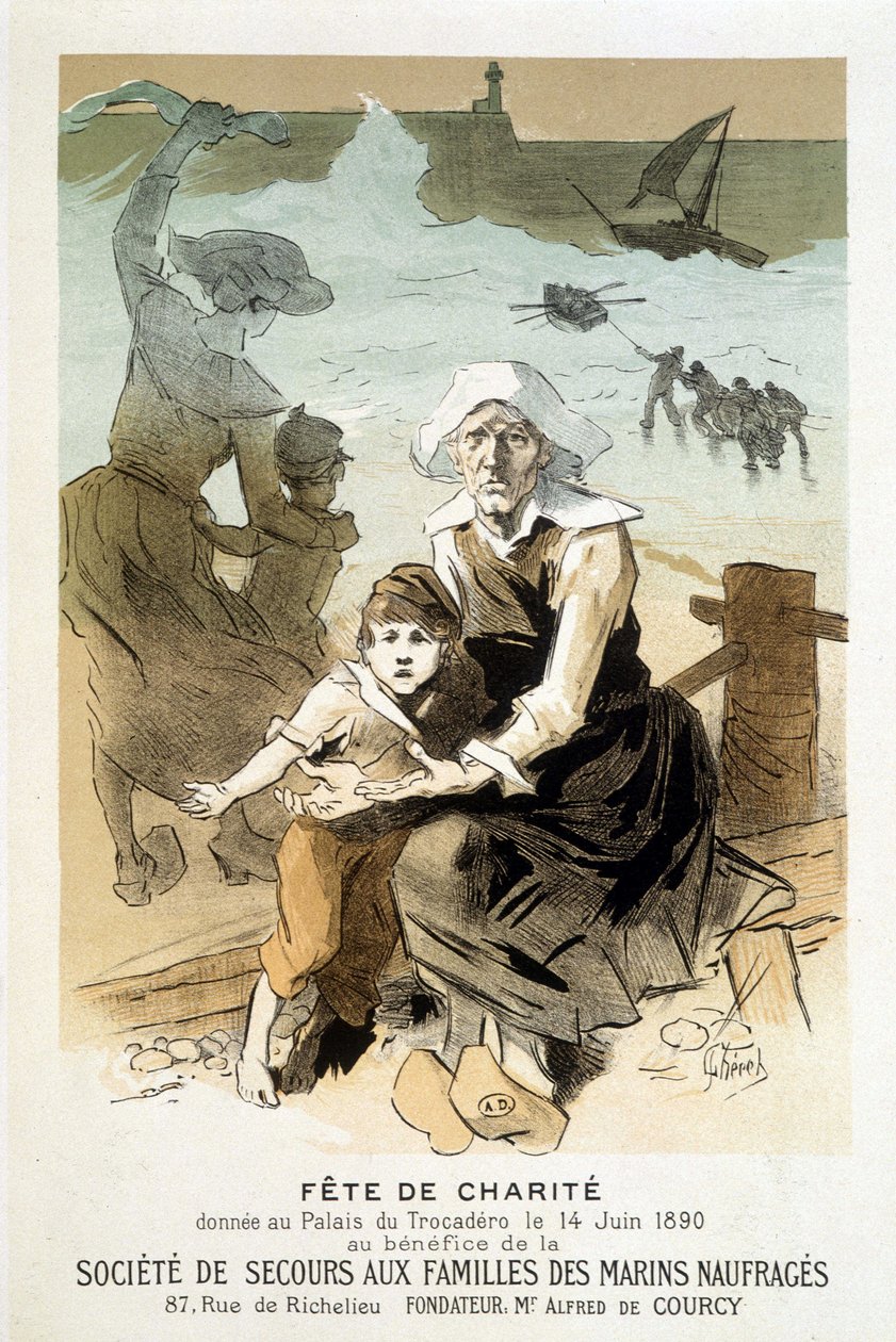 1890 年 6 月 14 日在特罗卡德罗宫（Palais du Trocadéro）为船难水手家属救济协会（Society of Relief to the Families of Shipwrecks）赠送的慈善庆祝海报 - 在“海报大师”中，作者：Jules Chéret 作者 朱尔斯·切雷特（Jules Cheret）