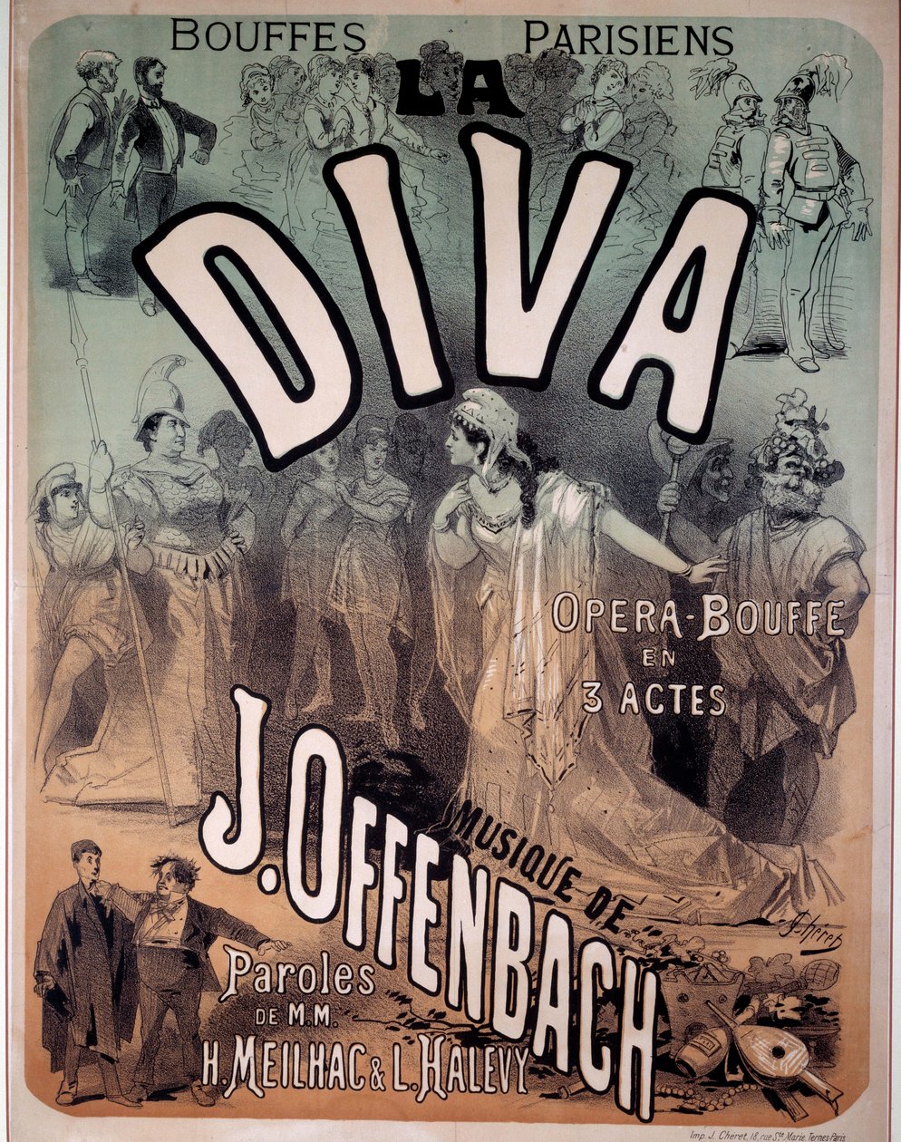 由雅克-奥芬巴赫（1819-1880）在巴黎布费斯为歌剧 "Diva "配乐的海报。 作者 朱尔斯·切雷特（Jules Cheret）