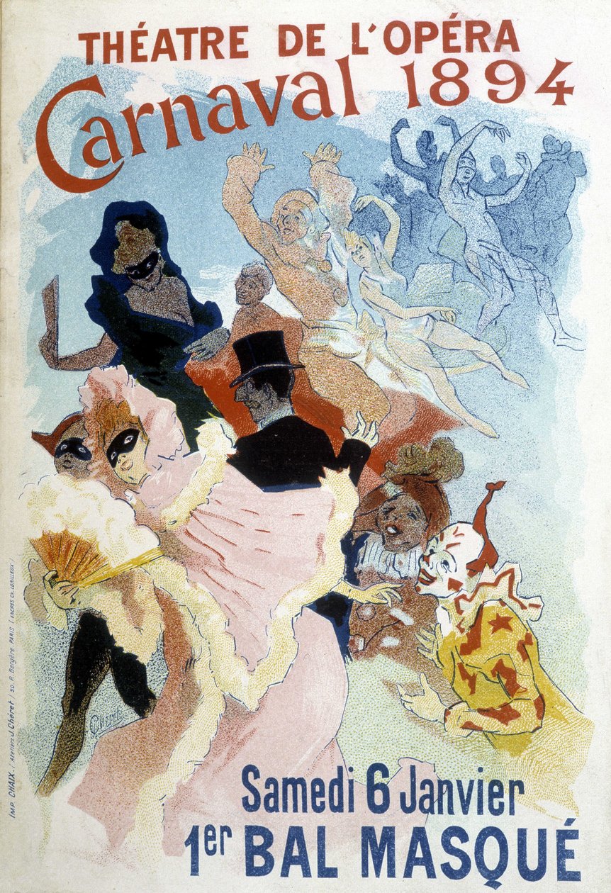 Cherret为1894年在歌剧院举行的狂欢节制作的海报。 作者 朱尔斯·切雷特（Jules Cheret）