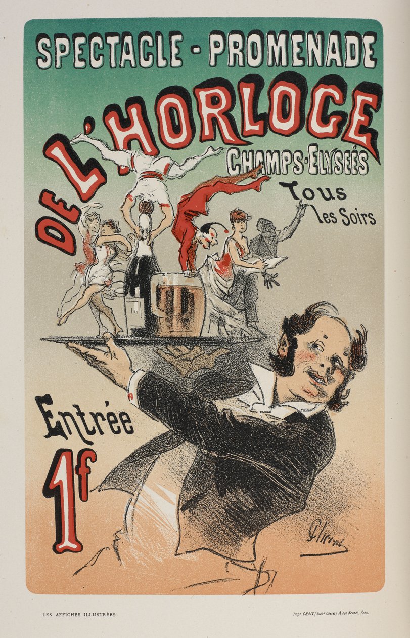 香榭丽舍大街的钟表表演，选自《Les affiches illustrées》。Ouvrage orné de......"，作者 Ernest Maindron 作者 朱尔斯·切雷特（Jules Cheret）
