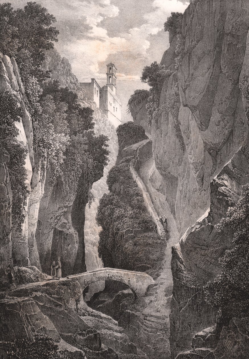 意大利坎帕尼亚索伦托的米尔山谷，Villeneuve 根据 Jules Coignet（1798-1860 年）的素描绘制的石版画，21.5x34.5 厘米 作者 朱尔斯·柯尼特（Jules Coignet）