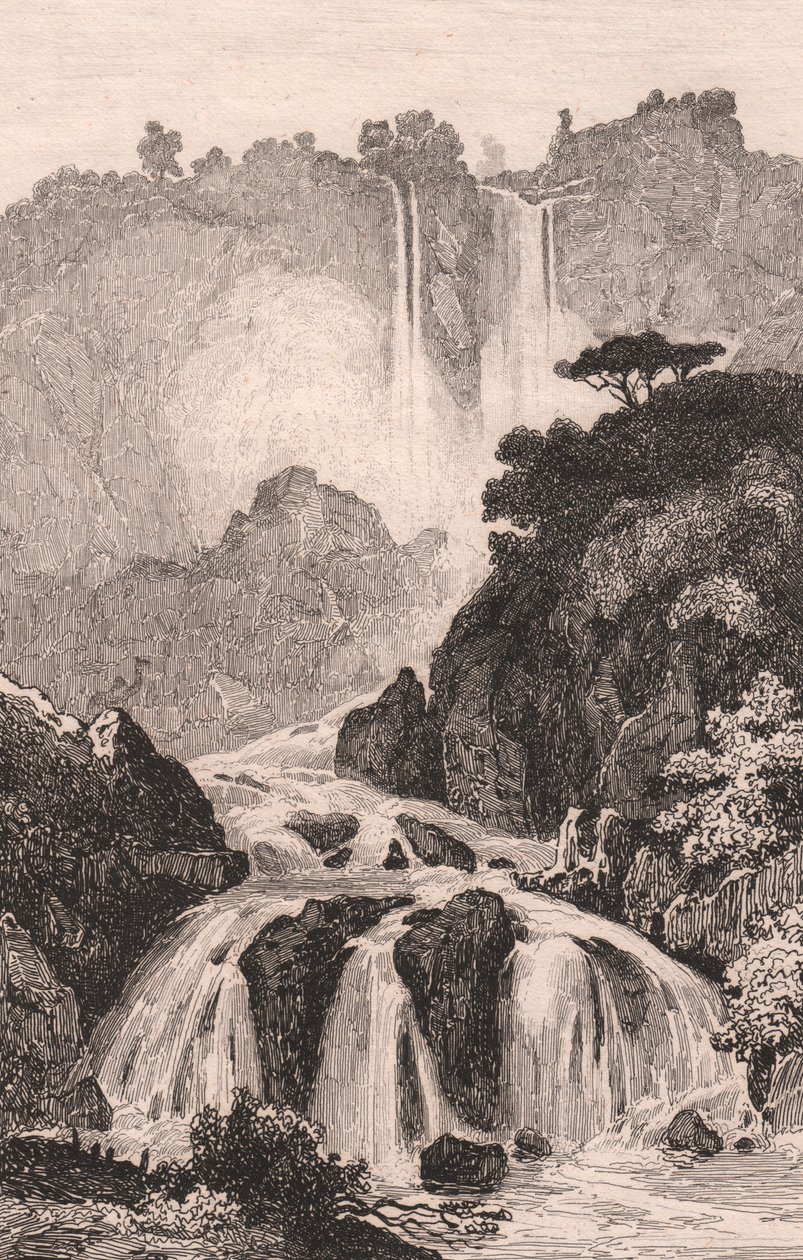意大利翁布里亚特尔尼附近的马尔莫尔瀑布（Cascata delle Marmore）景观，根据 Jules Coignet（1798-1860 年）的绘画绘制的钢板雕刻，约 14x20 厘米 作者 朱尔斯·柯尼特（Jules Coignet）