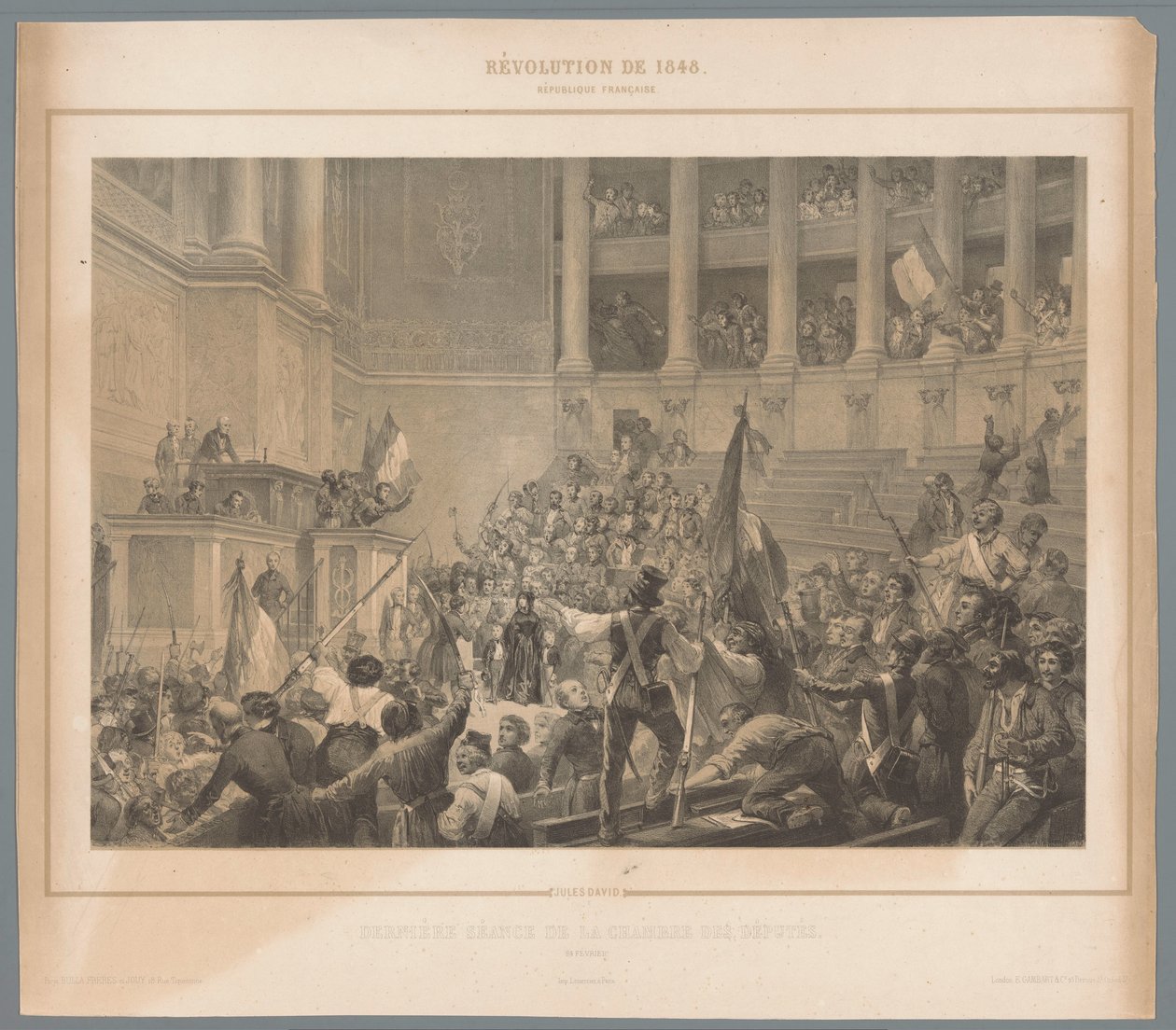 巴黎叛乱分子扰乱众议院会议 Dernière séance de la chambre des députés（物体上的标题） 1848 年二月革命的场景（系列标题） Revolution de 1848（物体上的系列标题） 作者 朱尔斯大卫