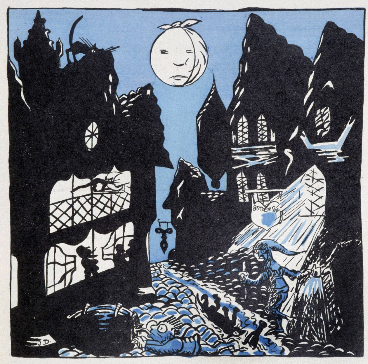 Les villes au Moyen-Age: une rue la nuit - in “” Histoire de France”” by Jules Depaquit, ed. Jonquières, Paris 作者 儒勒·德帕奎特