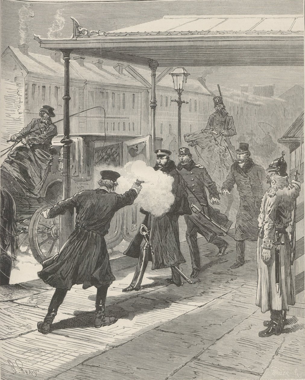 米哈伊尔-洛里斯-梅利科夫伯爵的暗杀事件。摘自《世界画报》，1880年。 作者 儒勒·笛卡尔·费拉