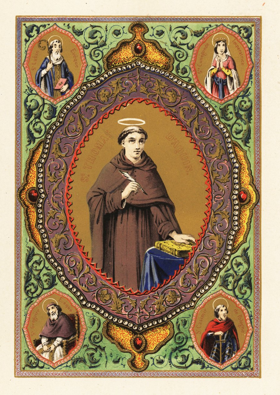 Portrait of Saint Thomas Aquinas, with halo, quill pen and Bible, in a decorative border of foliage and gilt 作者 儒勒竞技