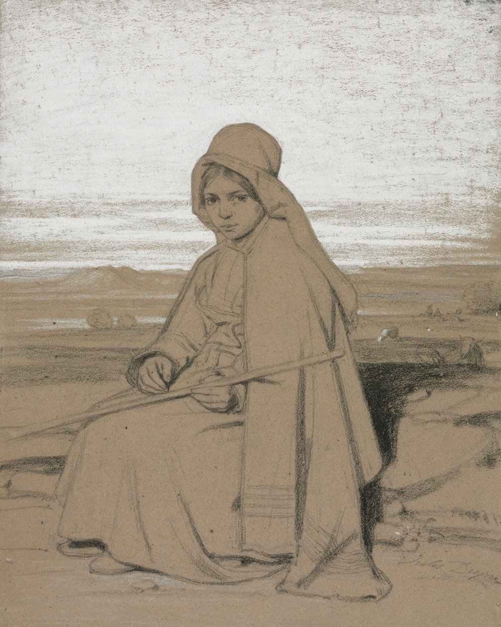 坐着的牧羊女，1800年代。 作者 朱尔斯·杜佩