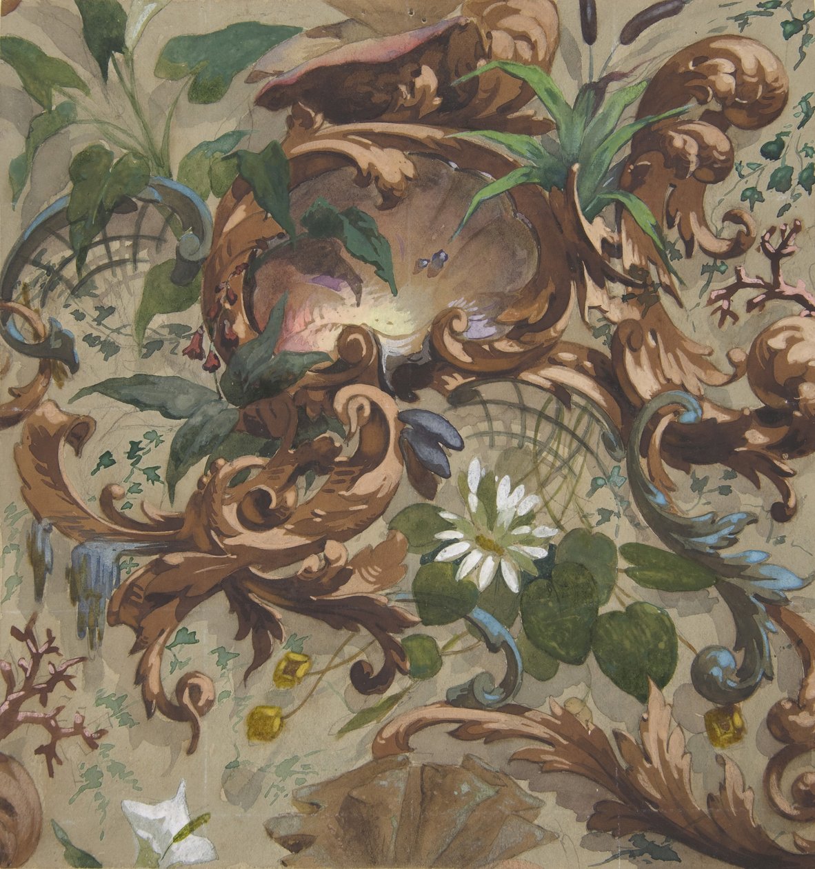 以贝壳、睡莲和香蒲为主题的墙纸设计，1830-97年。创作人：朱尔-埃德蒙德-查尔斯-拉夏兹，欧仁-皮埃尔-古尔代。 作者 Jules Edmond Charles Lachaise 和 Eugene Pierre Gourdet